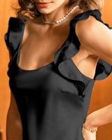 Black Ruffle Square Neck Slip Midi Dress - Threadford