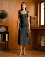 Black Ruffle Square Neck Slip Midi Dress - Threadford