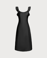 Black Ruffle Square Neck Slip Midi Dress - Threadford