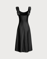 Black Ruffle Square Neck Slip Midi Dress - Threadford