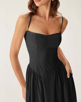 Black Square Neck Pocket Slip Midi Dress - Threadford