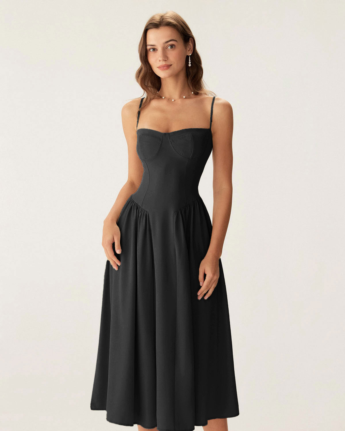 Black Square Neck Pocket Slip Midi Dress - Threadford