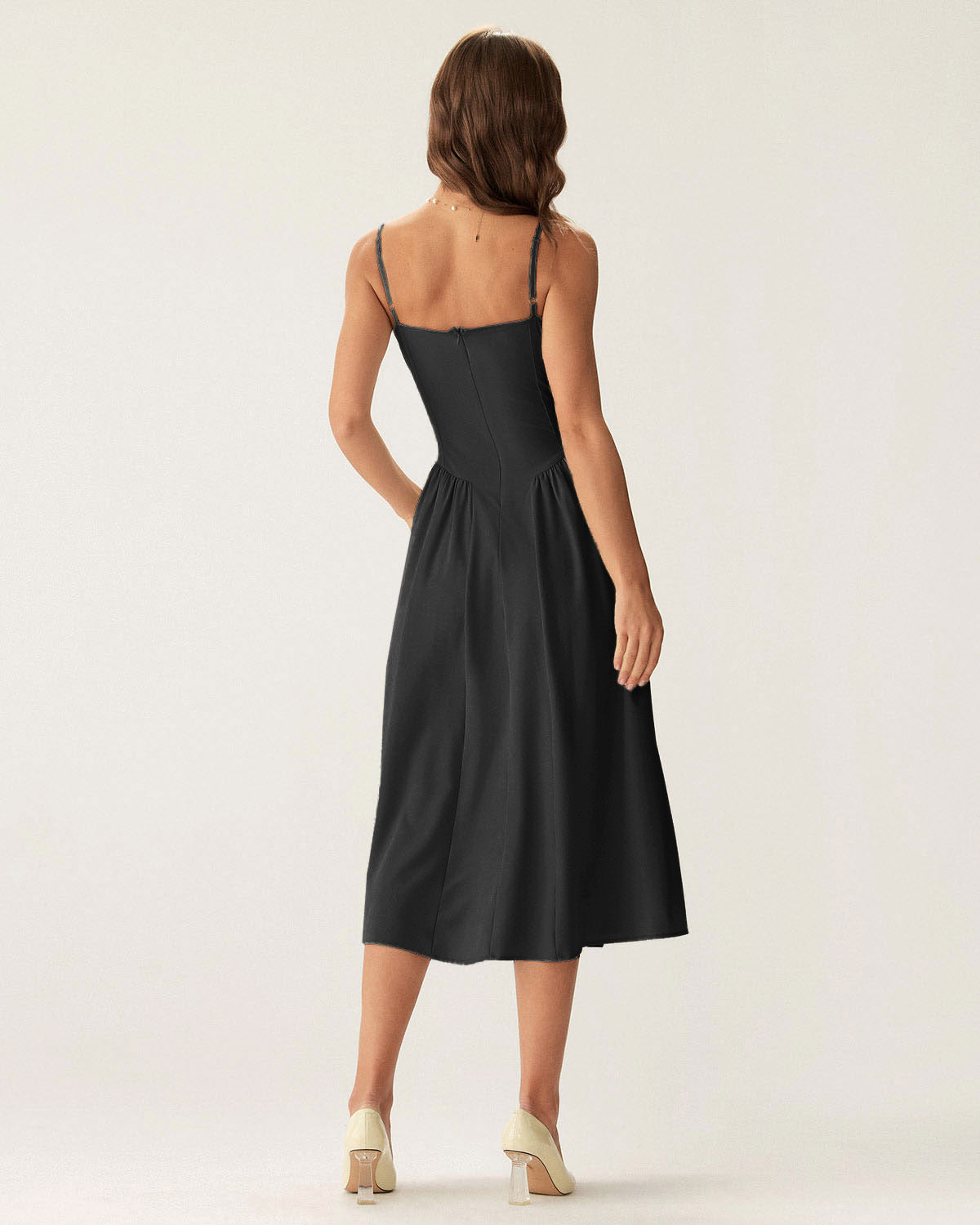 Black Square Neck Pocket Slip Midi Dress - Threadford