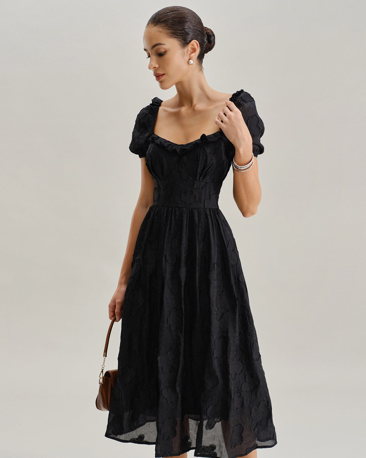 Black Square Neck Puffed Sleeve Midi Dress - Threadford