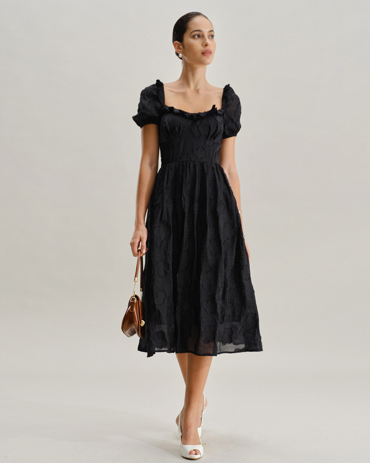 Black Square Neck Puffed Sleeve Midi Dress - Threadford