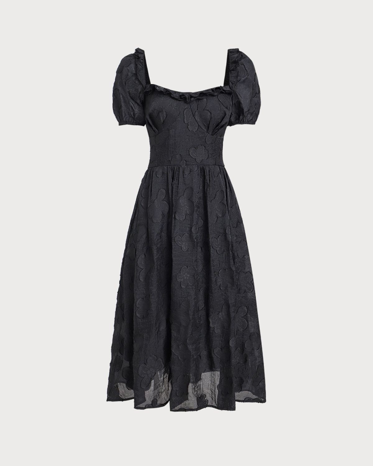 Black Square Neck Puffed Sleeve Midi Dress - Threadford