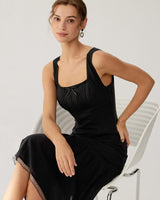 Black Square Neck Ruched Slip Midi Dress - Threadford