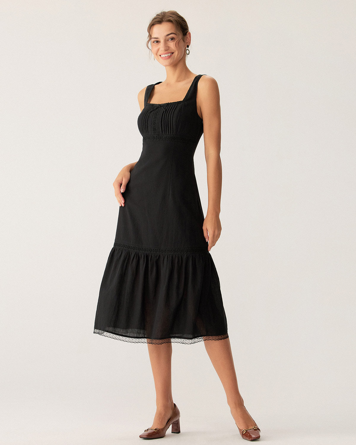 Black Square Neck Ruched Slip Midi Dress - Threadford
