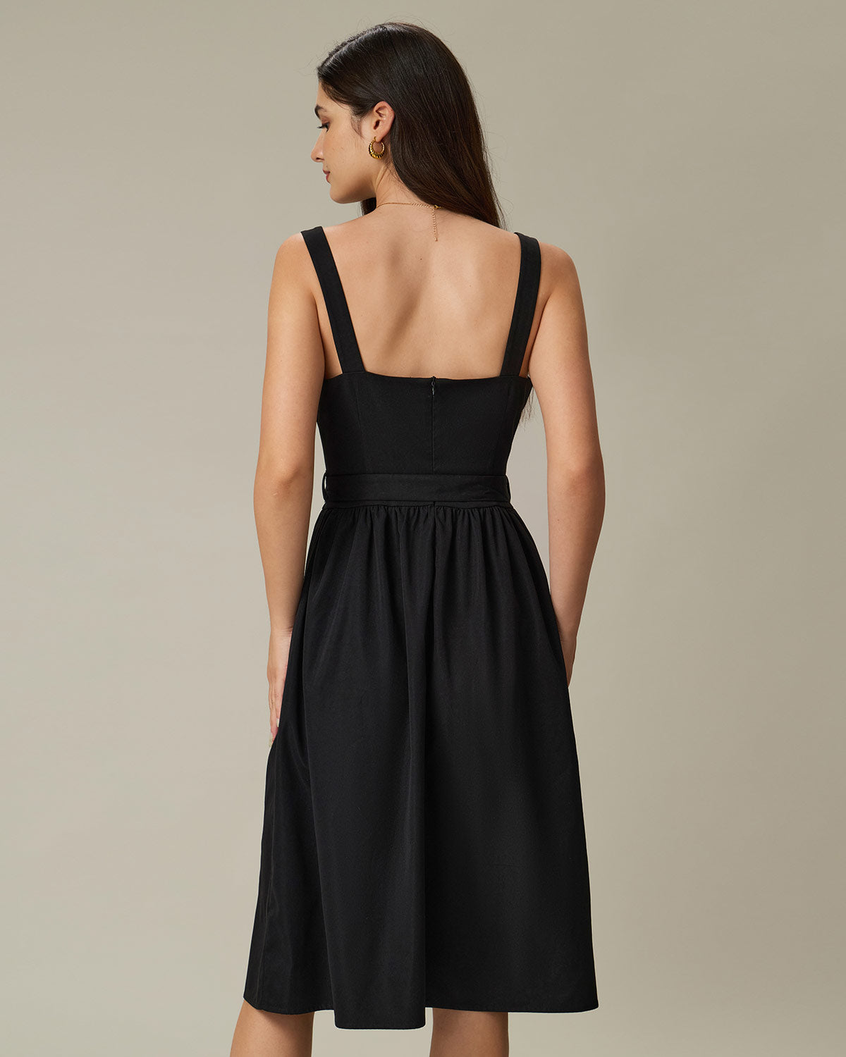 Black Square Neck Ruched Slip Midi Dress - Threadford