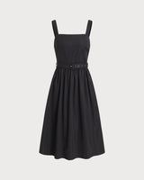 Black Square Neck Ruched Slip Midi Dress - Threadford