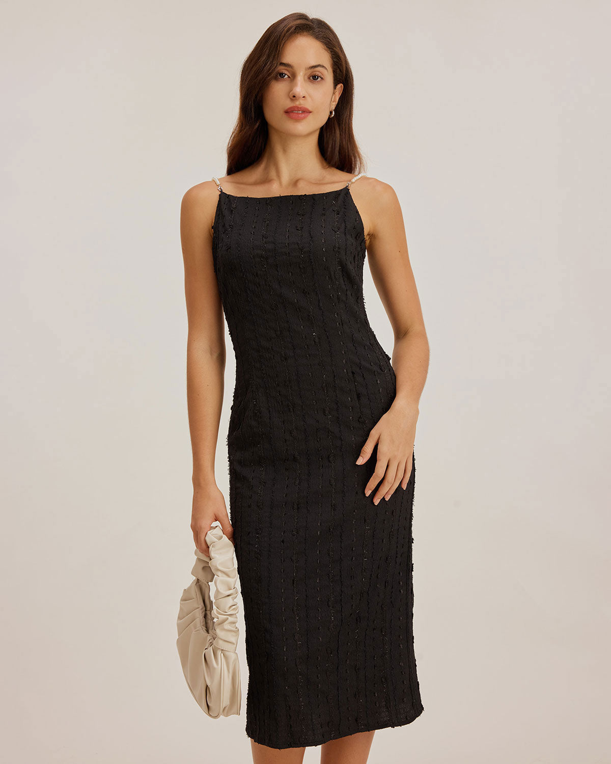 Black Textured Bodycon Beaded Strap Midi Dress - Threadford