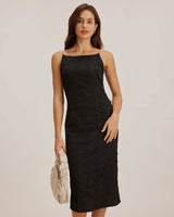 Black Textured Bodycon Beaded Strap Midi Dress - Threadford
