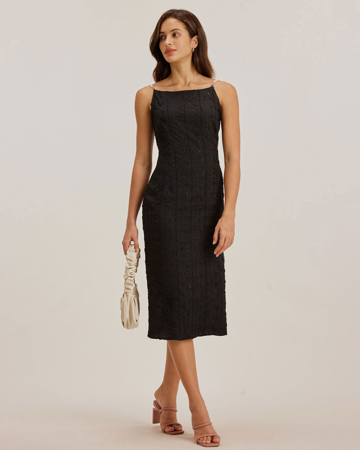 Black Textured Bodycon Beaded Strap Midi Dress - Threadford