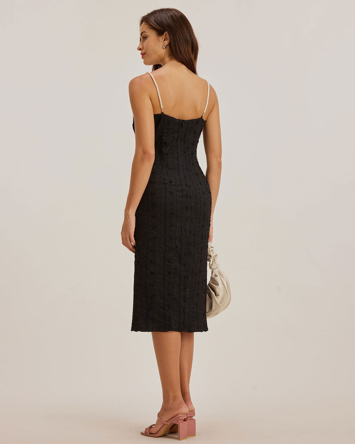 Black Textured Bodycon Beaded Strap Midi Dress - Threadford