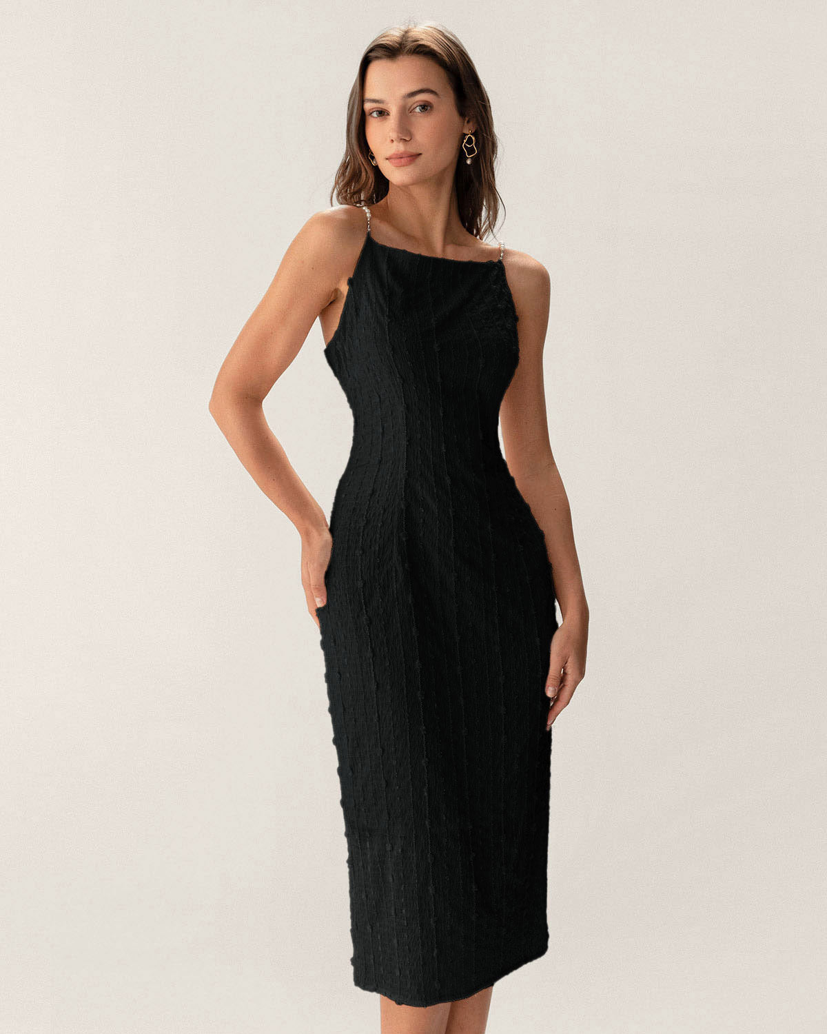 Black Textured Bodycon Beaded Strap Midi Dress - Threadford