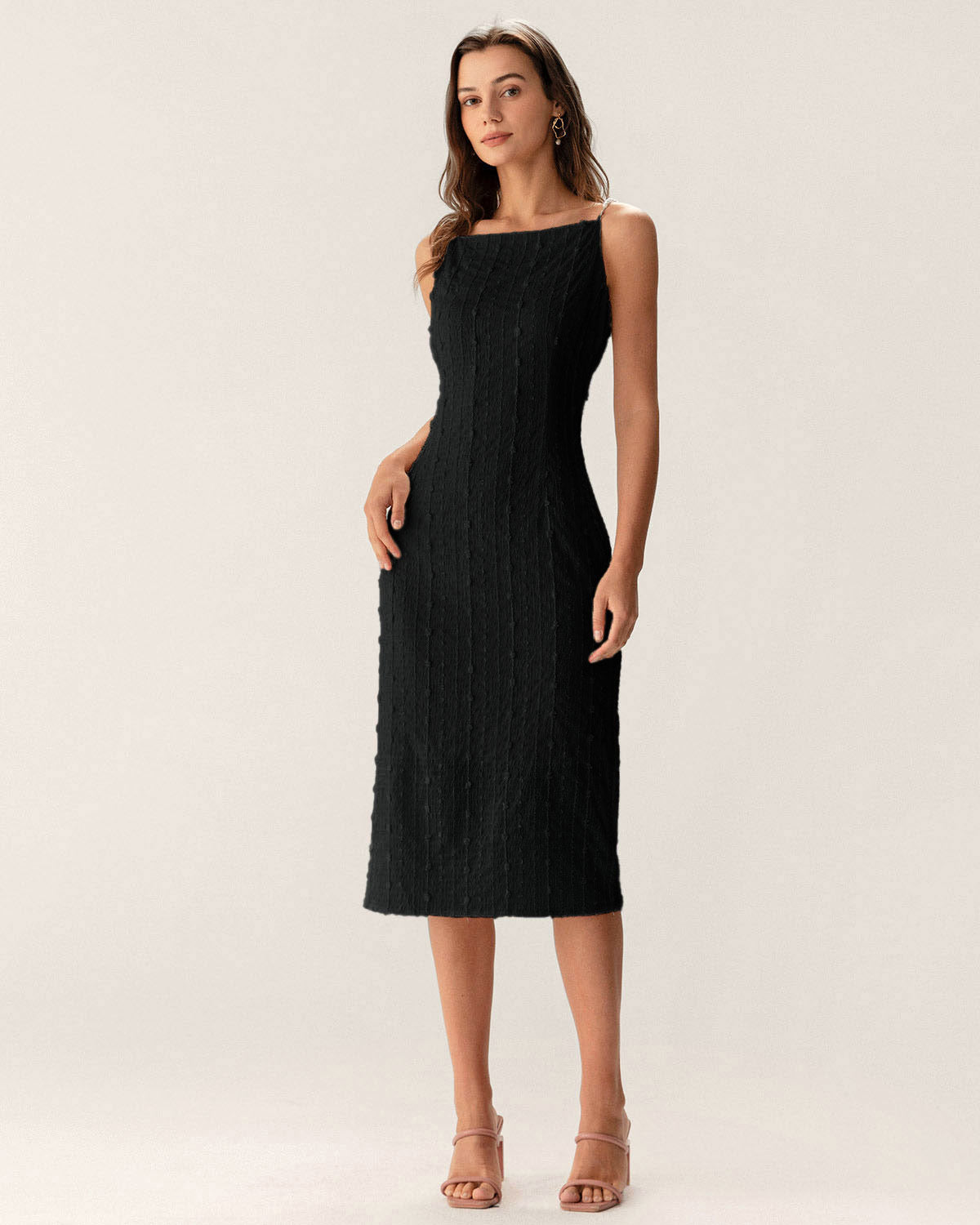 Black Textured Bodycon Beaded Strap Midi Dress - Threadford