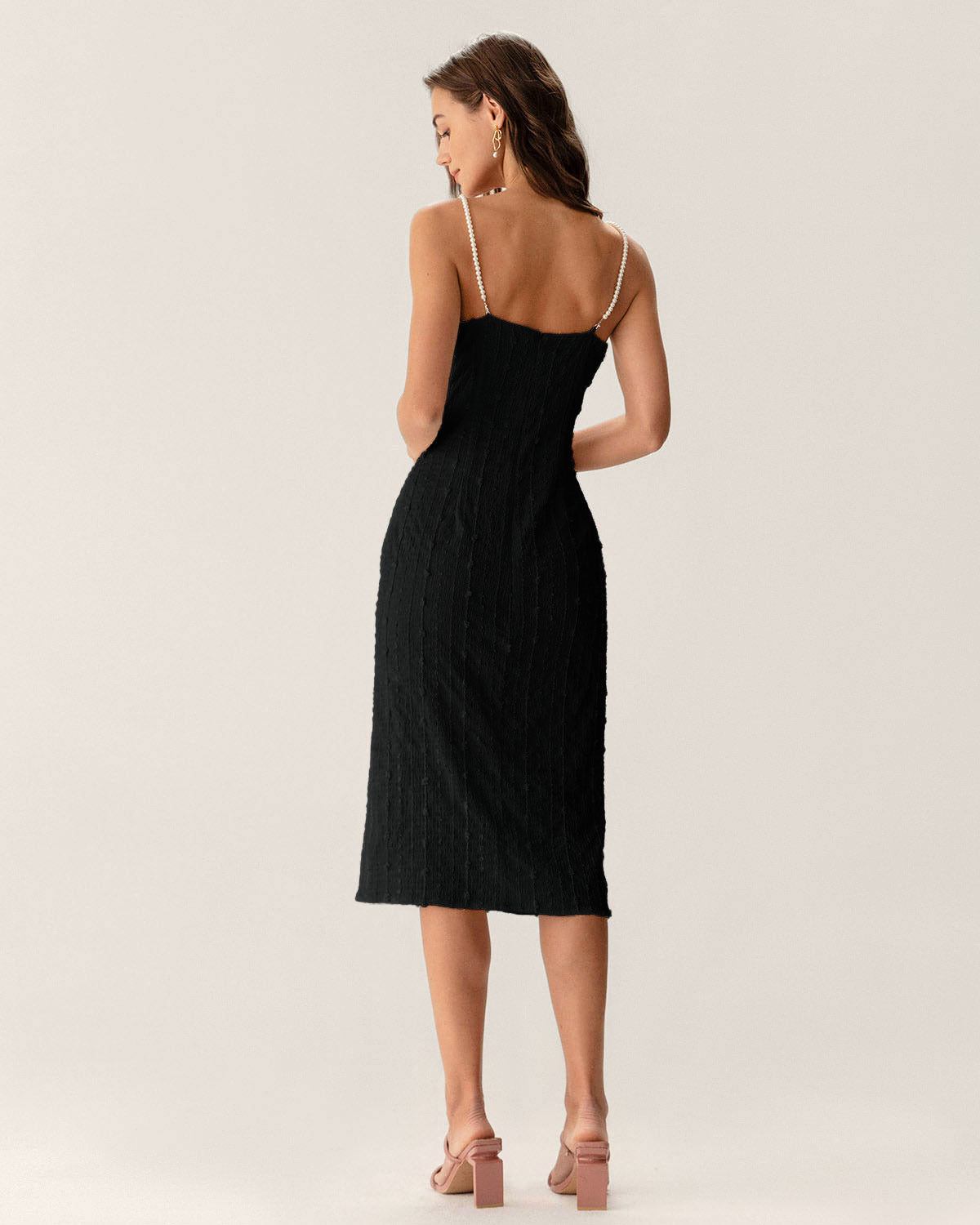 Black Textured Bodycon Beaded Strap Midi Dress - Threadford