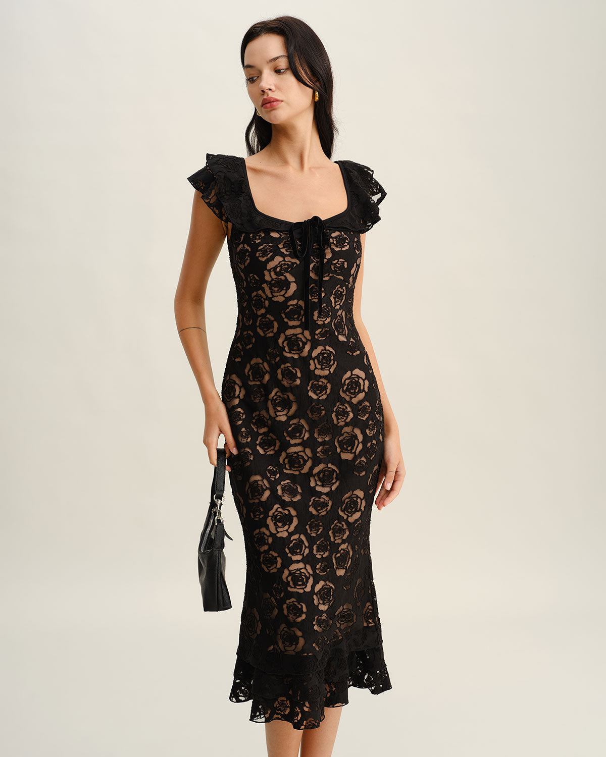 Black Textured Ruffle Mermaid Midi Dress - Threadford