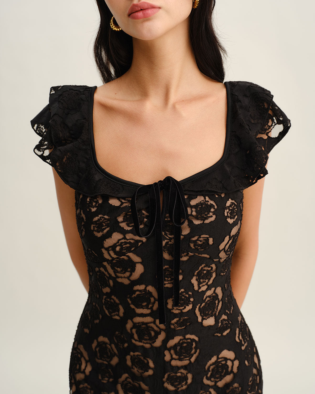 Black Textured Ruffle Mermaid Midi Dress - Threadford