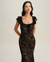 Black Textured Ruffle Mermaid Midi Dress - Threadford