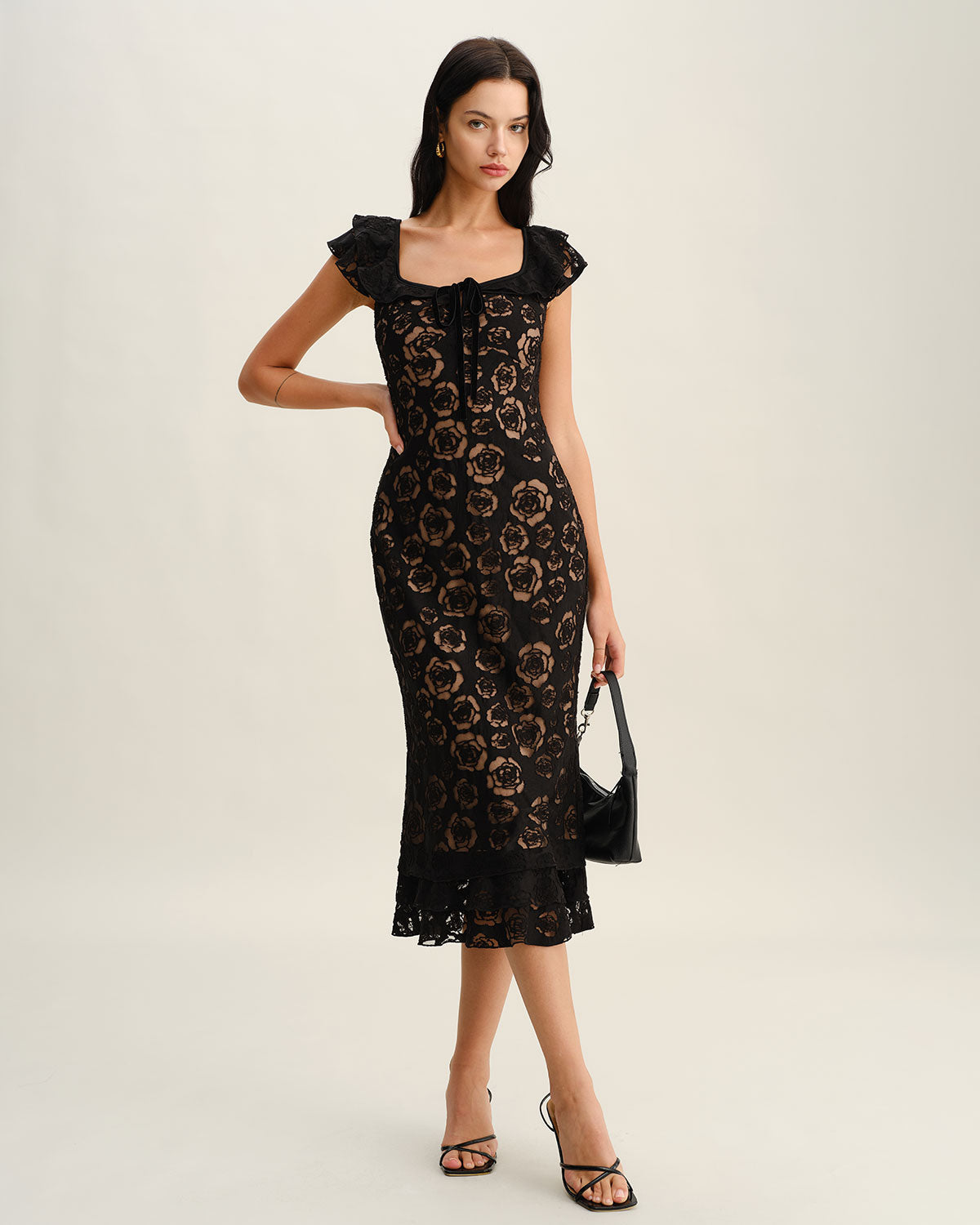 Black Textured Ruffle Mermaid Midi Dress - Threadford