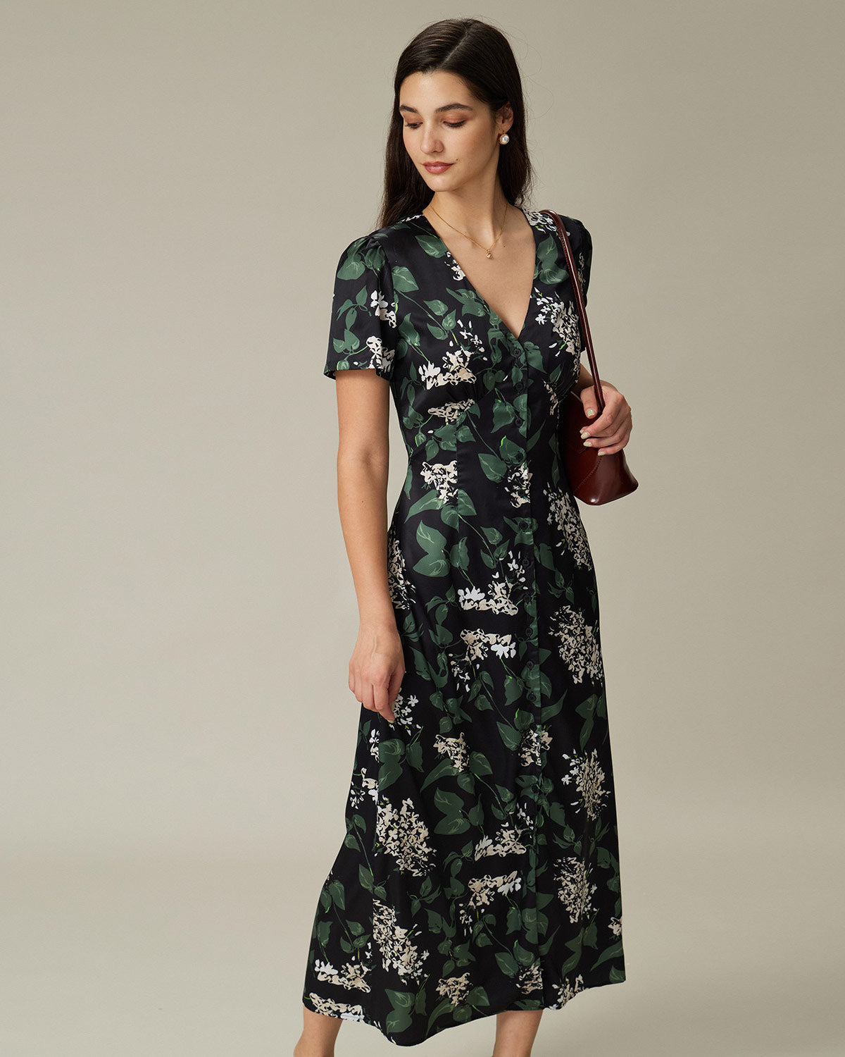 Black V Neck Floral Midi Dress - Threadford