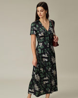Black V Neck Floral Midi Dress - Threadford