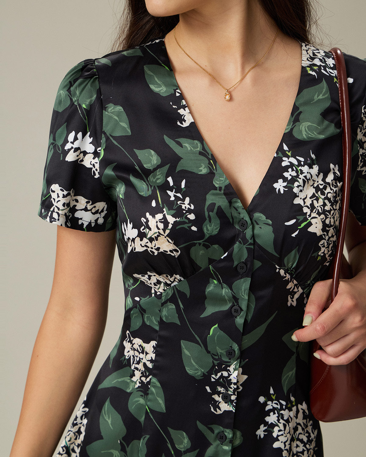 Black V Neck Floral Midi Dress - Threadford