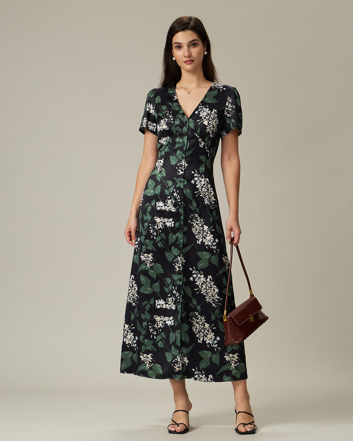 Black V Neck Floral Midi Dress - Threadford
