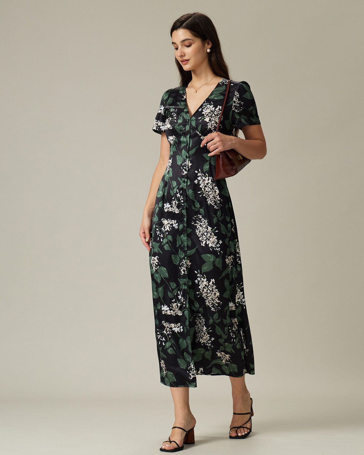 Black V Neck Floral Midi Dress - Threadford