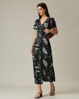 Black V Neck Floral Midi Dress - Threadford