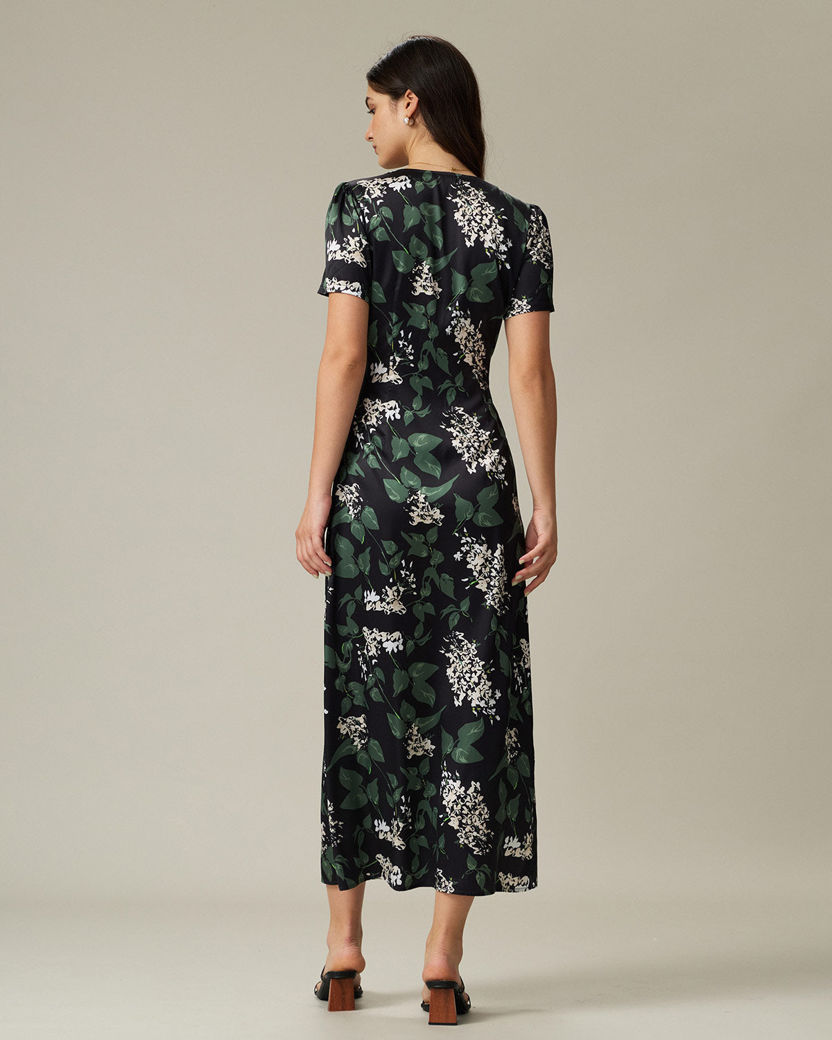 Black V Neck Floral Midi Dress - Threadford