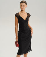 Black V Neck Mesh Midi Dress - Threadford