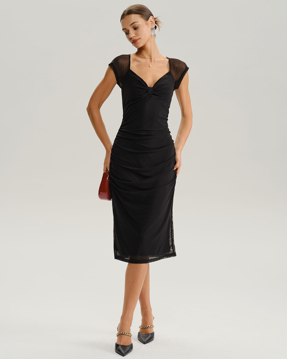 Black V Neck Mesh Midi Dress - Threadford