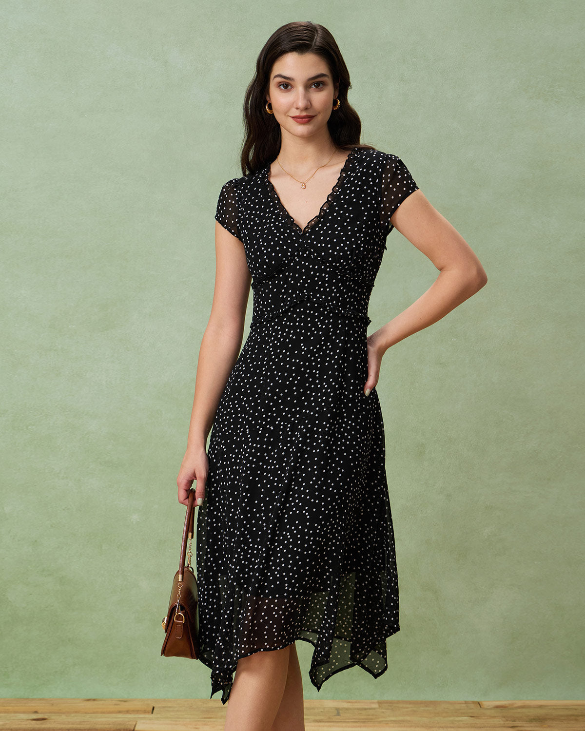 Black V Neck Polka Dot Midi Dress - Threadford