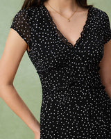 Black V Neck Polka Dot Midi Dress - Threadford