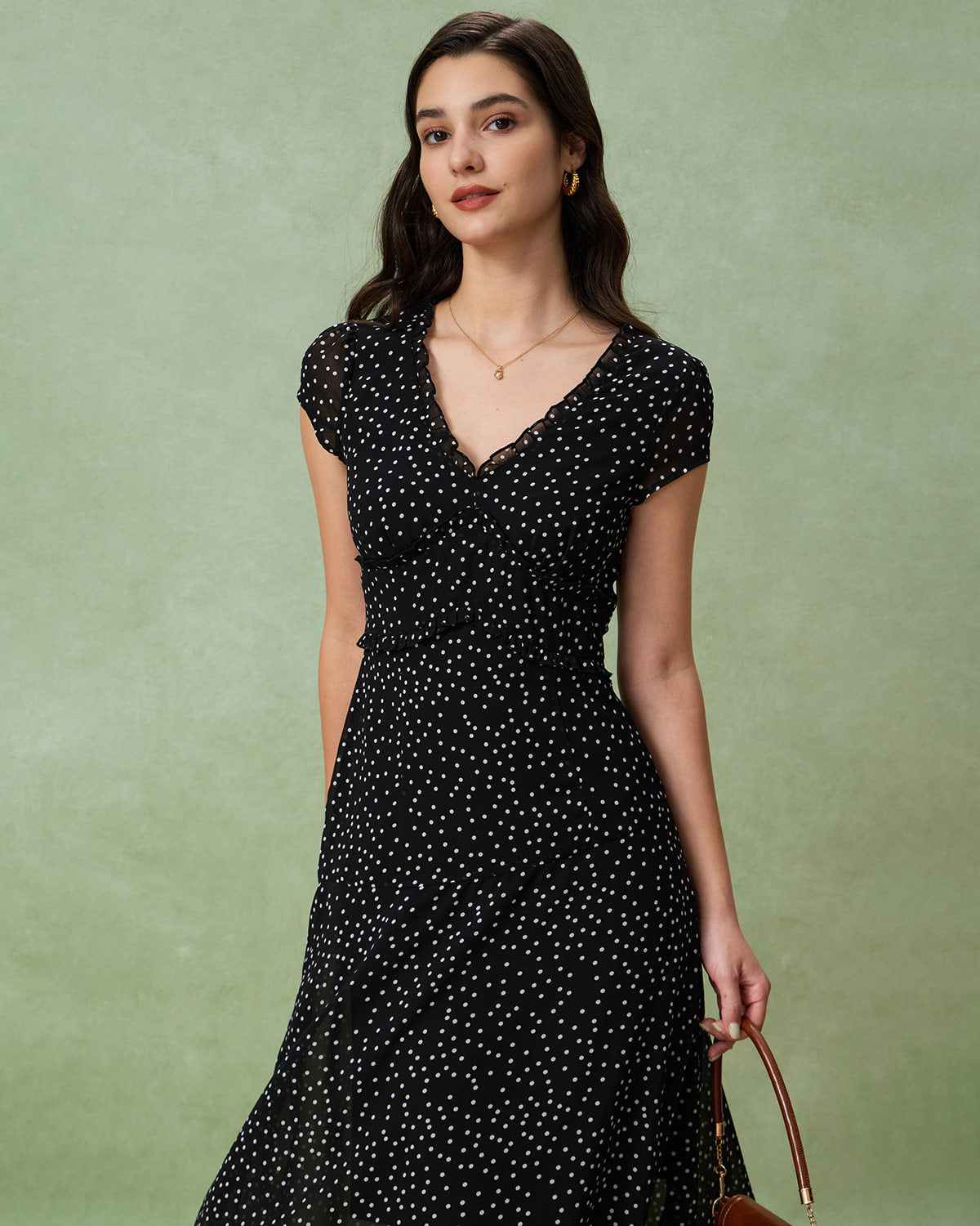 Black V Neck Polka Dot Midi Dress - Threadford