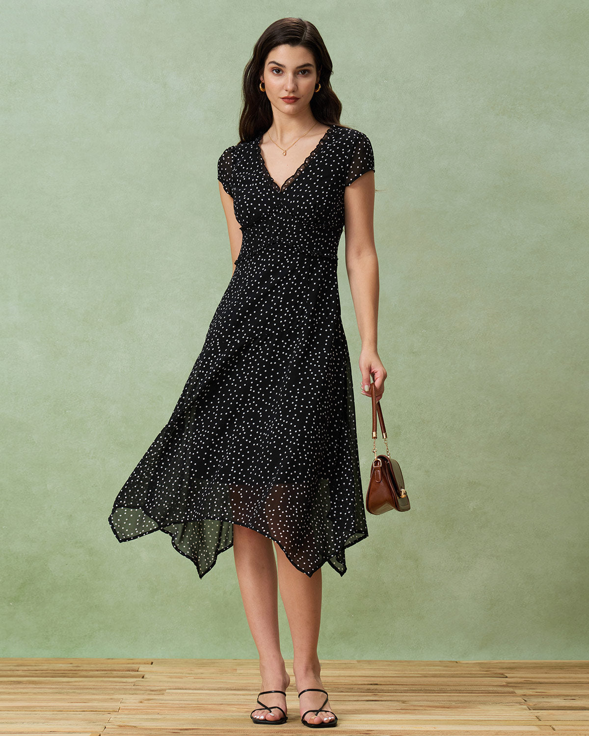 Black V Neck Polka Dot Midi Dress - Threadford
