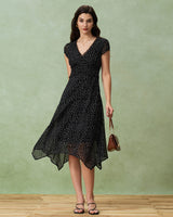Black V Neck Polka Dot Midi Dress - Threadford
