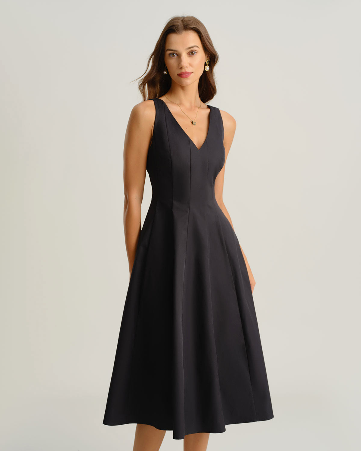 Black V Neck Sleeveless Midi Dress - Threadford