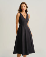 Black V Neck Sleeveless Midi Dress - Threadford