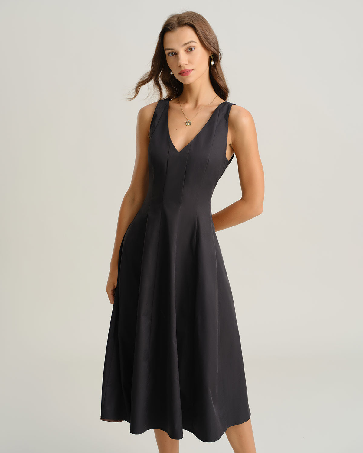 Black V Neck Sleeveless Midi Dress - Threadford