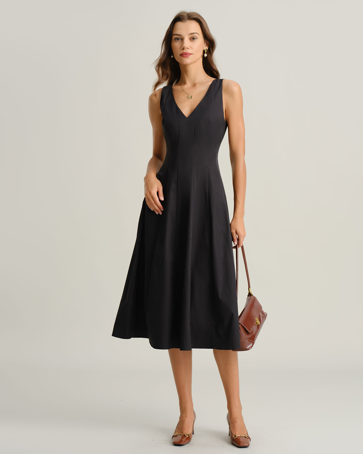 Black V Neck Sleeveless Midi Dress - Threadford