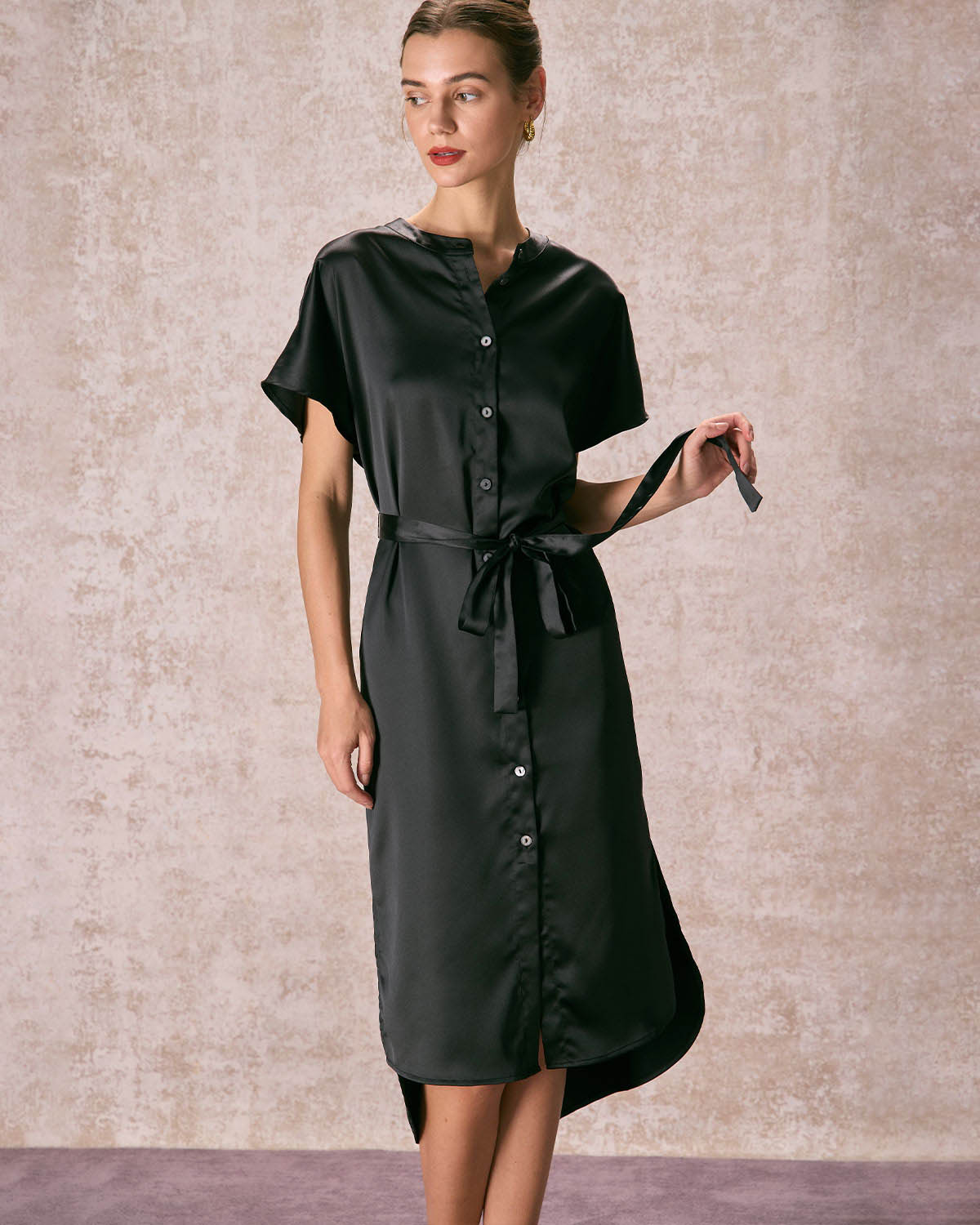 The Black Crew Neck Belted Satin Midi Dress - Threadford
