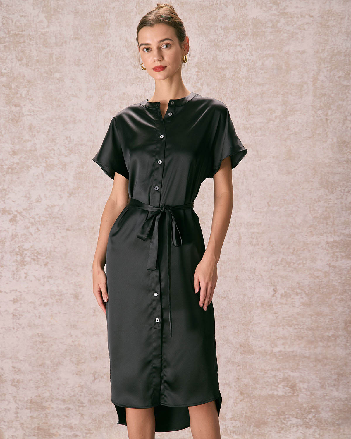 The Black Crew Neck Belted Satin Midi Dress - Threadford