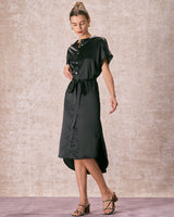 The Black Crew Neck Belted Satin Midi Dress - Threadford