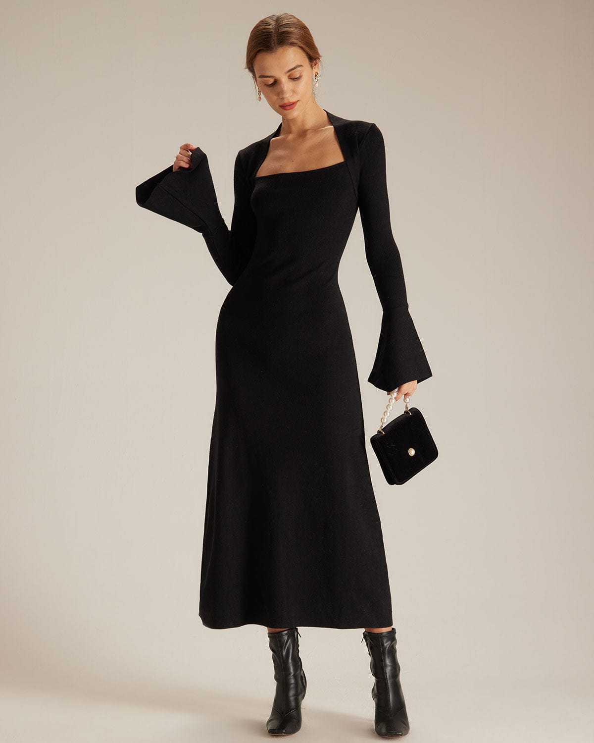 The Black Square Neck Flare Sleeve Midi Dress - Threadford