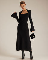 The Black Square Neck Flare Sleeve Midi Dress - Threadford