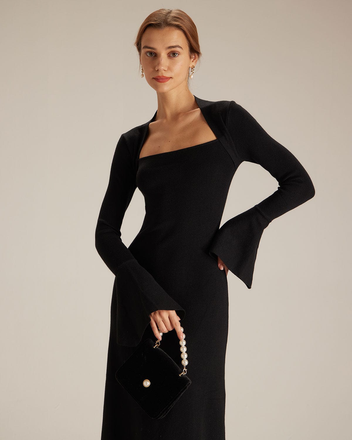 The Black Square Neck Flare Sleeve Midi Dress - Threadford