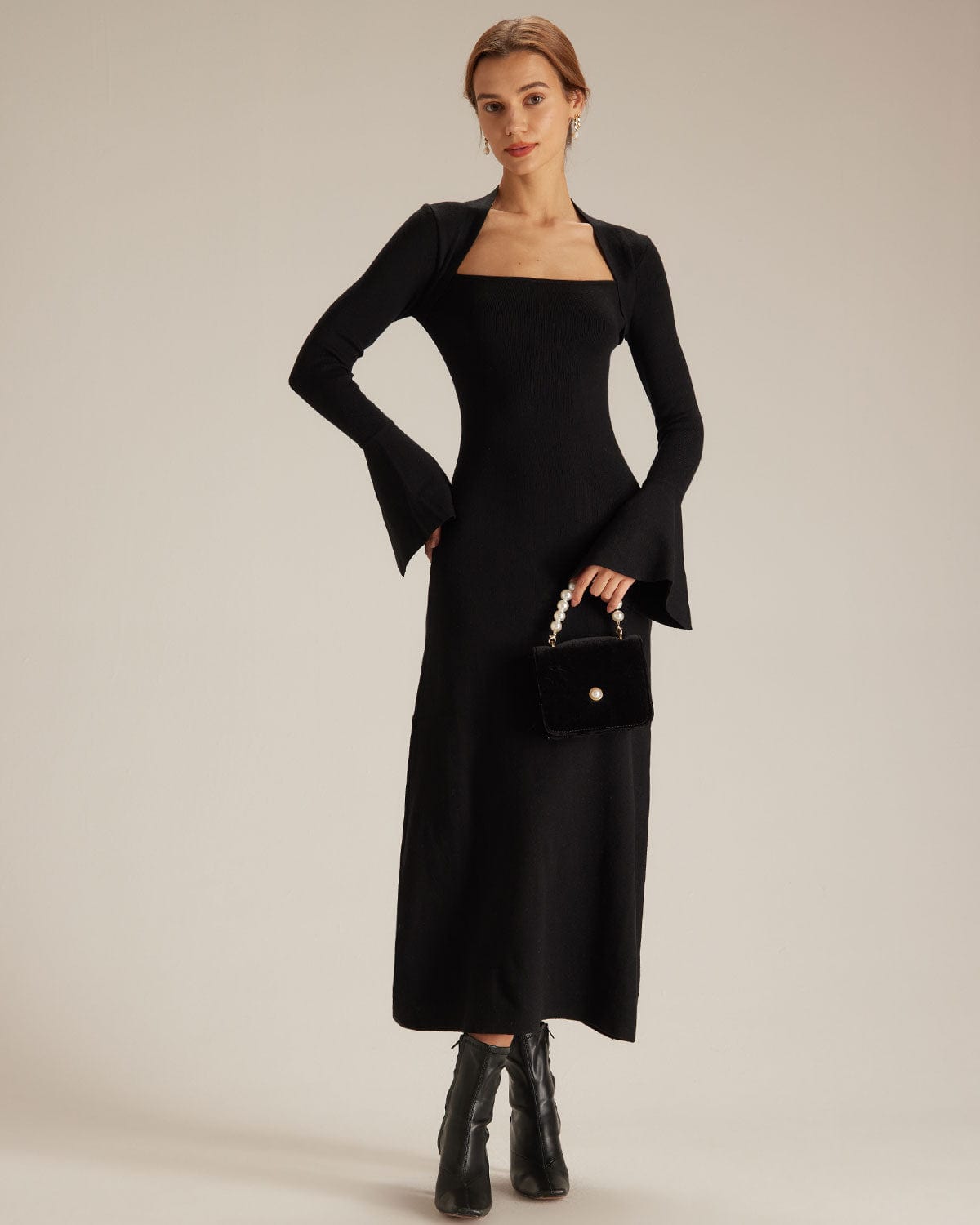 The Black Square Neck Flare Sleeve Midi Dress - Threadford